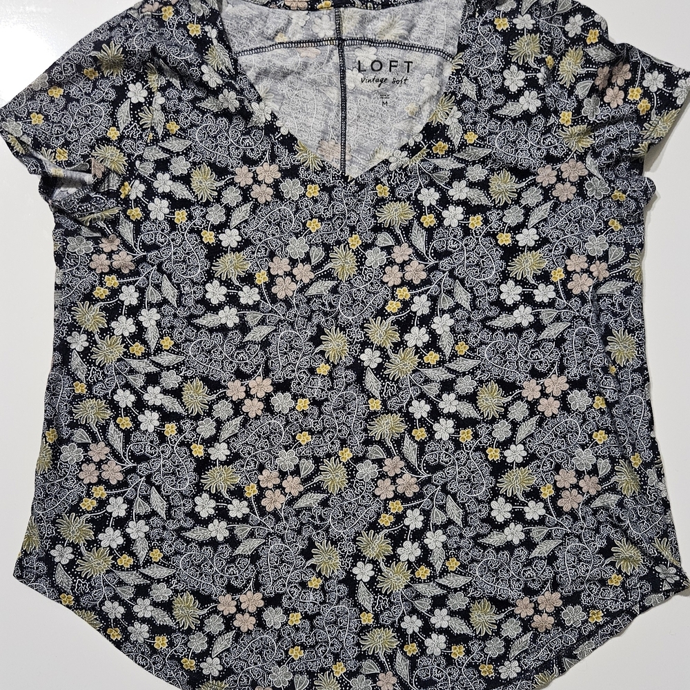 LOFT  VINTAGE Short Sleeve Floral Tee - Black, Yellow, Cream
